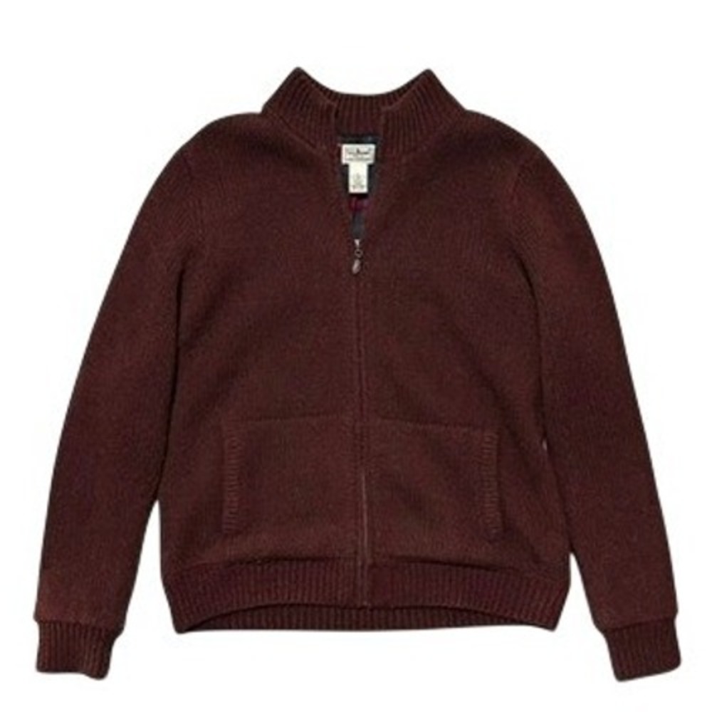 LL Bean Mens Lambswool Full Zip Cardigan Burgundy Mock Neck Flannel - M - Flaw